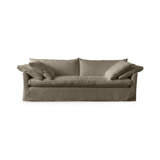 Classic Home Cassiano slip cover sofa in beige fabric, stationary sofa with plush cushions and tailored slip cover design.