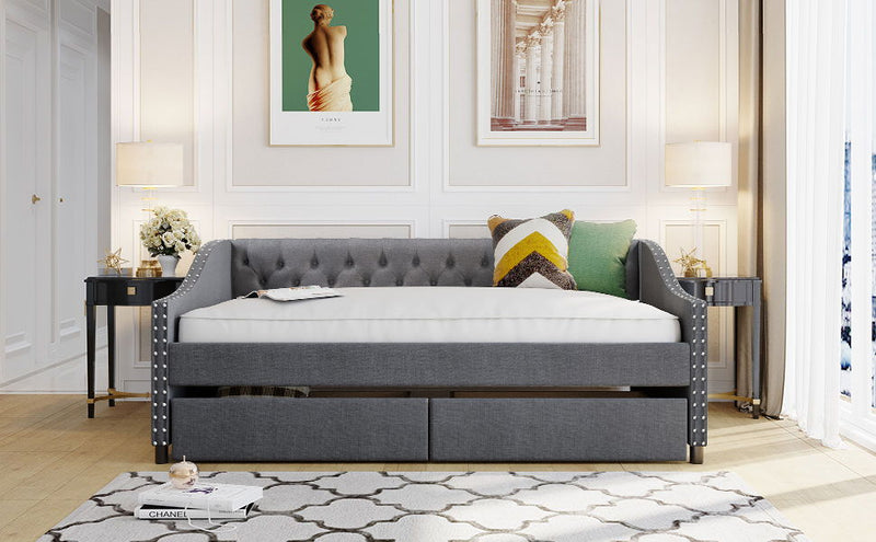 DreamHaus upholstered storage daybed with wood slat support and two drawers, showcasing a sleek and comfortable design.