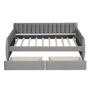 DreamHaus upholstered storage daybed with slat support, featuring a cushioned headboard and built-in storage drawers in a modern design.