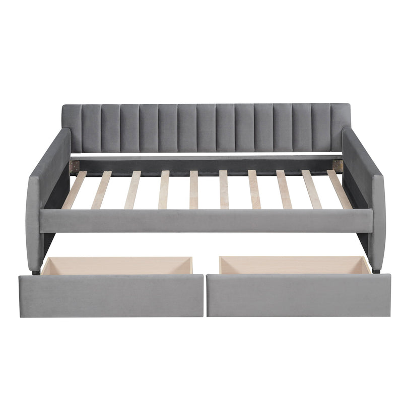 DreamHaus upholstered storage daybed with slat support, featuring a cushioned headboard and built-in storage drawers in a modern design.