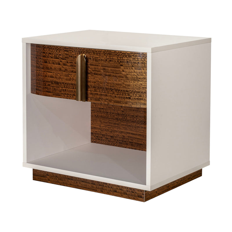 Michael Amini Pavira accent nightstand with a sleek wood finish and elegant design, featuring a single drawer and smooth surface.