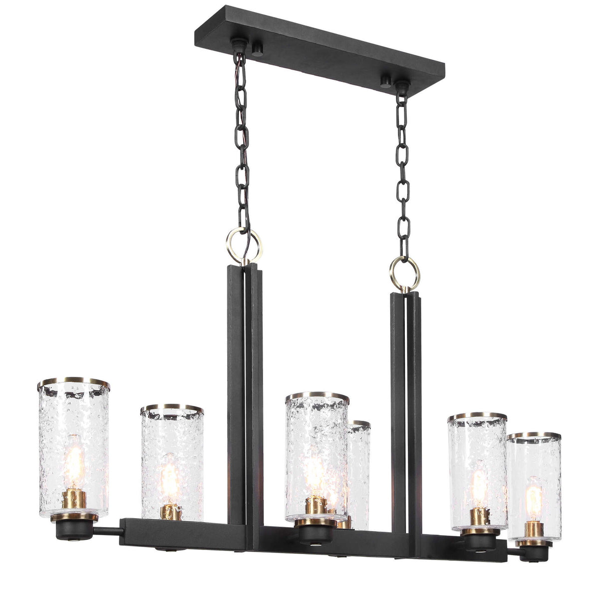 Black Jarsdel 6-light industrial island pendant light by Uttermost, showcasing a modern, minimalist design with six hanging light fixtures.