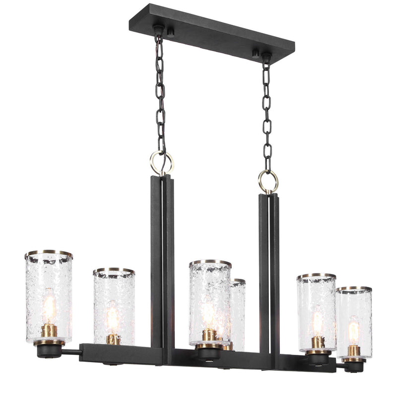 Black Jarsdel 6-light industrial island pendant light by Uttermost, showcasing a modern, minimalist design with six hanging light fixtures.