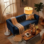 Ambient Arch Floor Lamp by Ashcroft Furniture with large linen shade and gold brass arc design, 84-inch height for living room lighting.