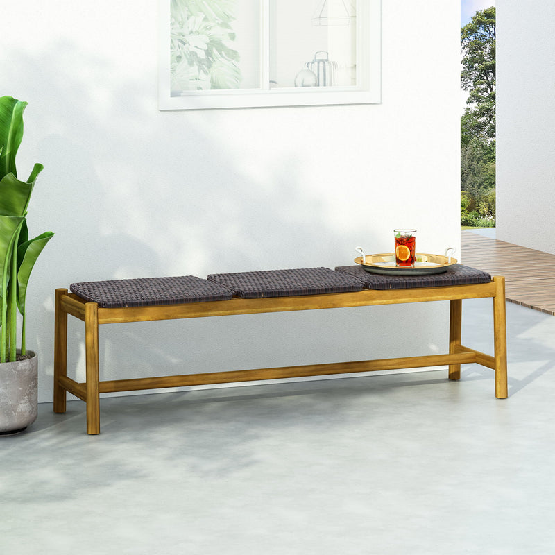 Rustic teak Cambria 3-seater bench by Noble House, featuring a natural wood finish and sturdy design for outdoor or indoor use.