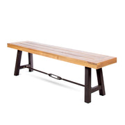 Outdoor teak and black patio backless dining bench by Noble House, showing the sleek wooden slats and sturdy frame for outdoor seating.