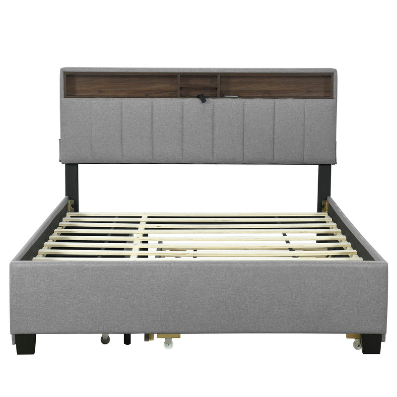 Upholstered Platform Bed With Storage Headboard, Trundle & 2 Drawers And A Set Of Sockets & USB Ports - R&R Furniture Gallery (Fountain Valley, CA)