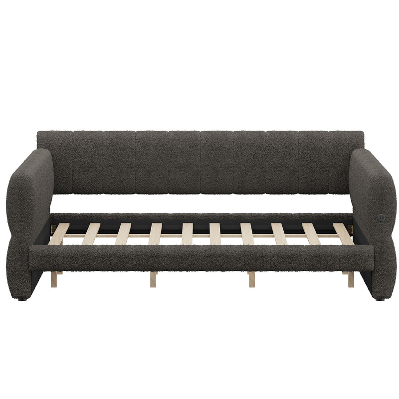 Dreamland upholstered storage platform bed with built-in USB charging ports and modern design, shown in a stylish bedroom setting.