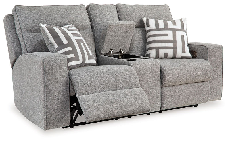 Biscoe - Power Reclining Loveseat With Console /Adj Headrest - Pewter - R&R Furniture Gallery (Fountain Valley, CA)
