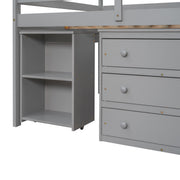 DreamHaus loft low study bed with built-in cabinet, shelves, and rolling desk, showcasing its multifunctional design and compact layout.
