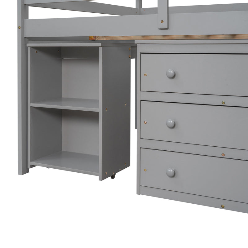 DreamHaus loft low study bed with built-in cabinet, shelves, and rolling desk, showcasing its multifunctional design and compact layout.