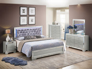 Glory Furniture Madison upholstered bed with built-in LED lighting, featuring a padded headboard and modern design.