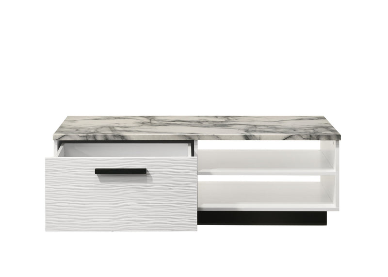 Matilda coffee table with white faux marble top and wooden legs, modern design by Lilola Home, ideal for contemporary living rooms.