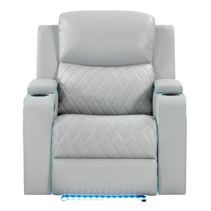 Elonzo - Power Motion Recliner With LED, Power Headrest & Speaker - Light Gray - R&R Furniture Gallery (Fountain Valley, CA)