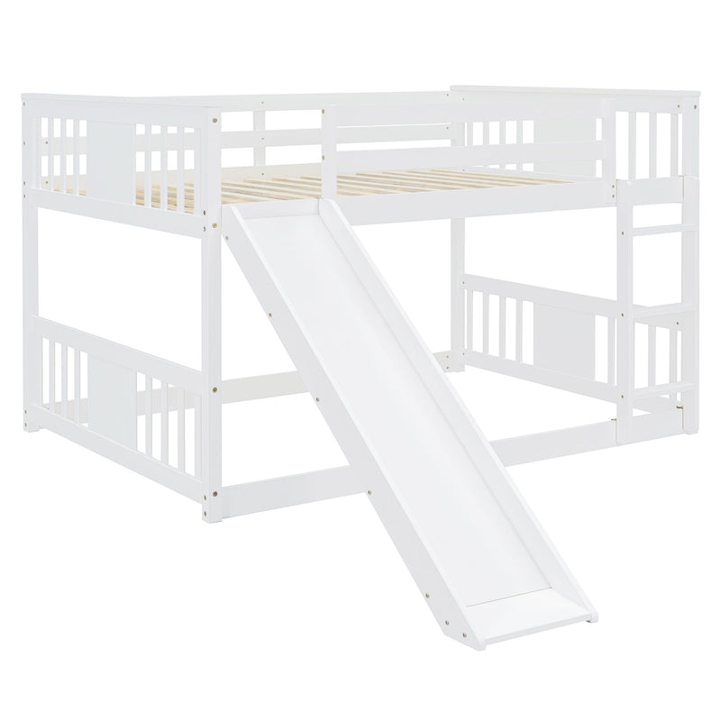 White DreamHaus full over full bunk bed with ladder and slide, showcasing the sturdy frame, safety rails, and playful slide feature.