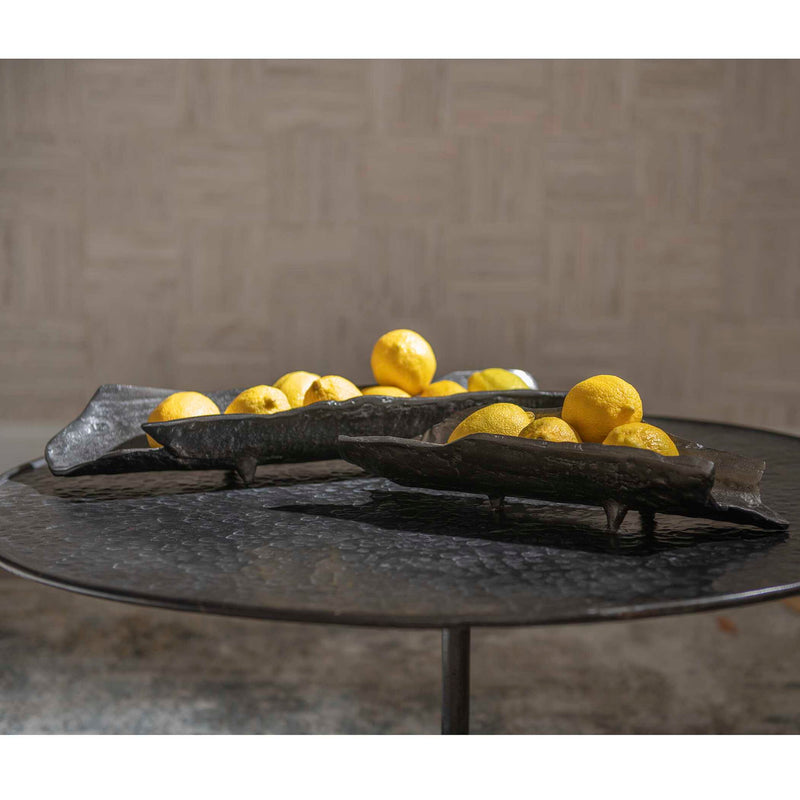 Set of two nickel trays by Uttermost featuring sleek, modern design with smooth surfaces and raised edges for serving or decor.