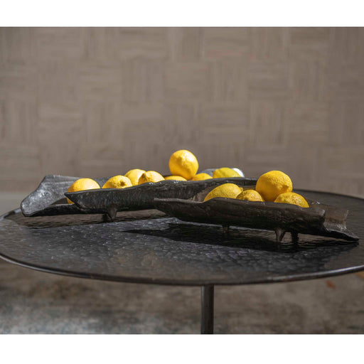Set of two nickel trays by Uttermost featuring sleek, modern design with smooth surfaces and raised edges for serving or decor.