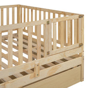 DreamHaus storage daybed with fence guardrails, two drawers, split into floor bed and daybed, showcasing its versatile design.