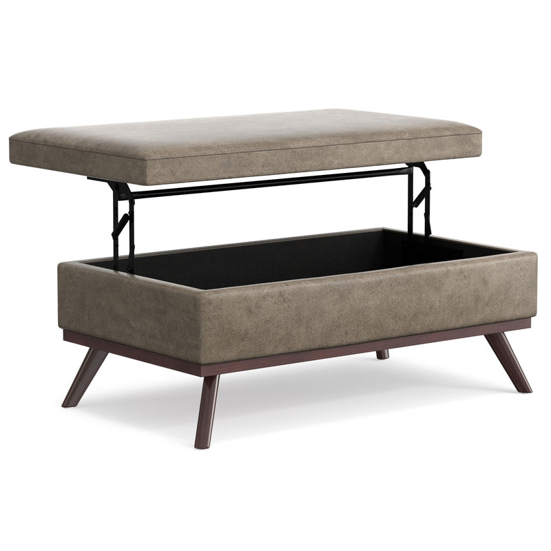 Simpli-Home Owen multifunctional square coffee table with built-in storage ottoman, featuring a cushioned top and wooden legs.