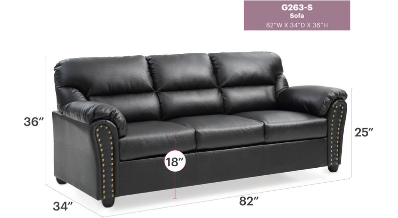Black Olney sofa by Glory Furniture, a stationary sofa with a modern design and plush upholstery.