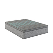 Restonic Comfort Care 12-inch hybrid euro top mattress in gray and blue with plush comfort and individual pocketed coils, twin size.