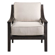 Uttermost Lyle beige accent arm chair with cushioned seat and wooden legs, stylish and comfortable for living room decor.