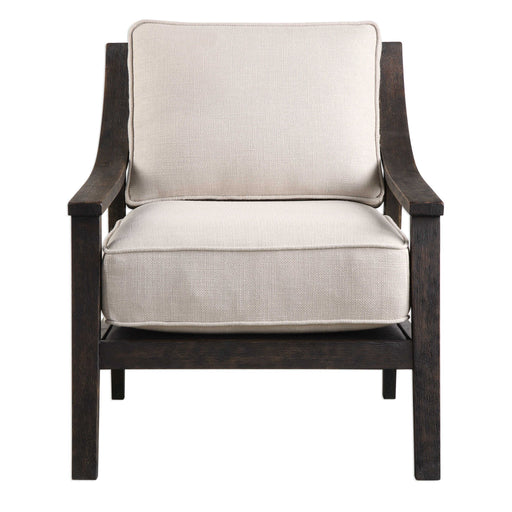 Uttermost Lyle beige accent arm chair with cushioned seat and wooden legs, stylish and comfortable for living room decor.