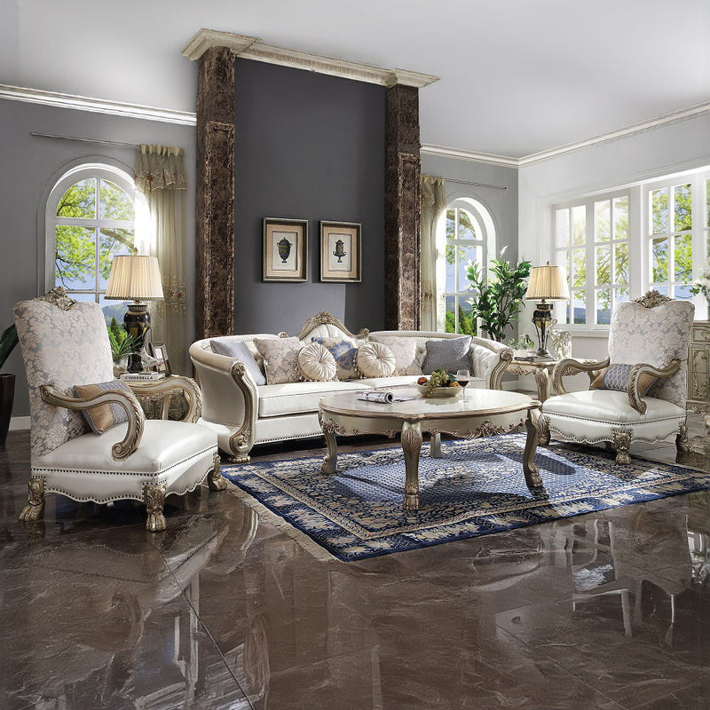 Dresden II - Sofa With 7 Pillows - Pearl Synthetic Leather & Gold Patina - R&R Furniture Gallery (Fountain Valley, CA)