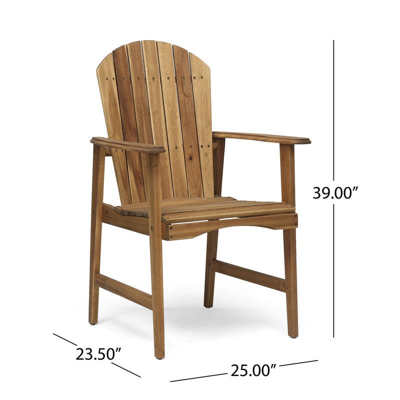Pair of Noble House outdoor weather-resistant acacia wood Adirondack dining chairs set, ideal for patio or garden seating.