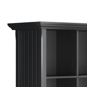 Handcrafted Acadian cube storage organizer by Simpli-Home showcasing black fabric cubes in a wooden frame with open compartments