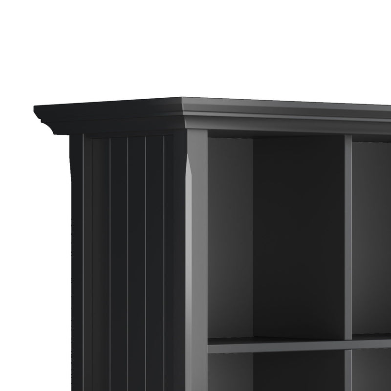 Handcrafted Acadian cube storage organizer by Simpli-Home showcasing black fabric cubes in a wooden frame with open compartments