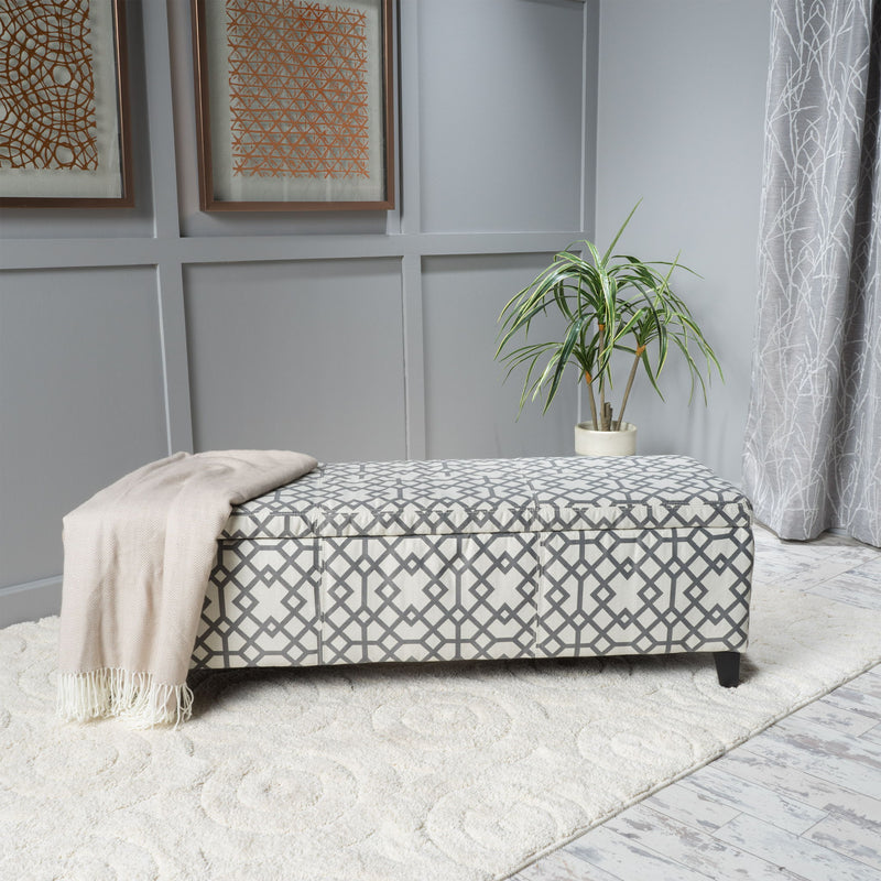 Quotient - Upholstered Storage Ottoman With Tapered Block Feet - Gray / White - R&R Furniture Gallery (Fountain Valley, CA)
