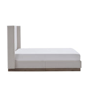 House & Home Furniture Hosford minimalist upholstered wingback bed with wood base platform, showcasing soft fabric and elegant design.