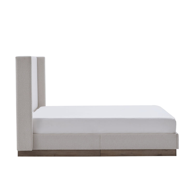 House & Home Furniture Hosford minimalist upholstered wingback bed with wood base platform, showcasing soft fabric and elegant design.