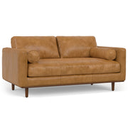 Simpli-Home Morrison upholstered stationary sofa with plush fabric and cushioned armrests in a modern living room setting.