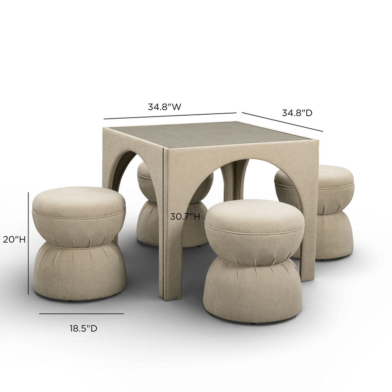 Tomlin 5-piece living room set by TOV Furniture with game table and ottomans, featuring modern design and neutral upholstery.