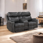 Hirah - Motion Loveseat With Console & USB Port - Dark Gray Polish Microfiber - R&R Furniture Gallery (Fountain Valley, CA)
