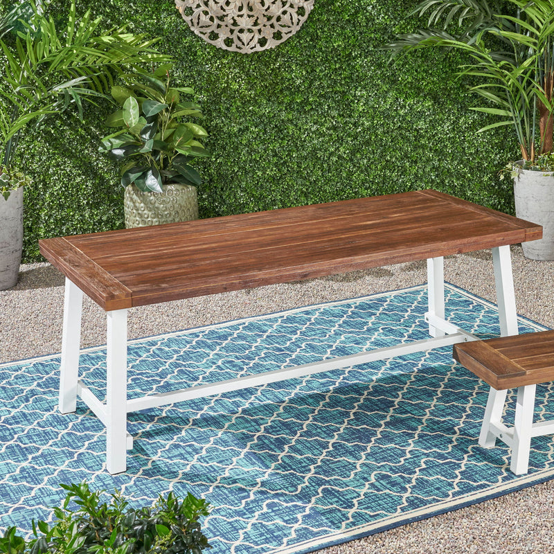 Equilibrium outdoor dining table by Noble House with wooden frame and slat top, perfect for outdoor dining spaces.