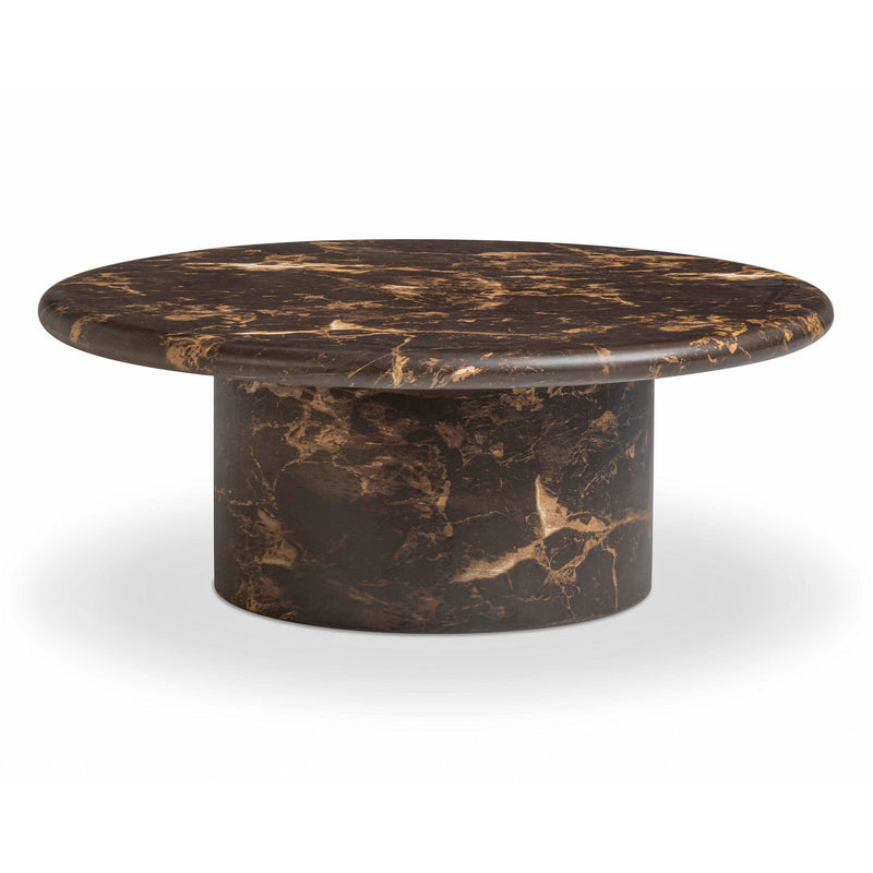 Dark brown TOV Furniture Byron round coffee table with sleek wooden surface and modern design.