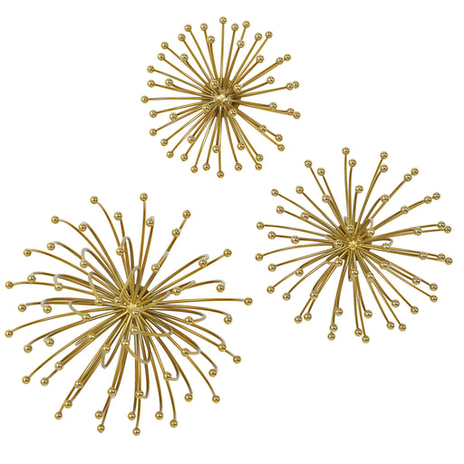 Set of three gold metal wall decor pieces by Uttermost, featuring modern geometric design for stylish interior decoration.
