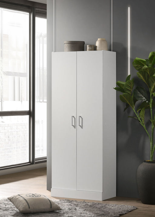 Lilola Home Alara height simplistic double door white storage cabinet with clean lines and spacious interior.