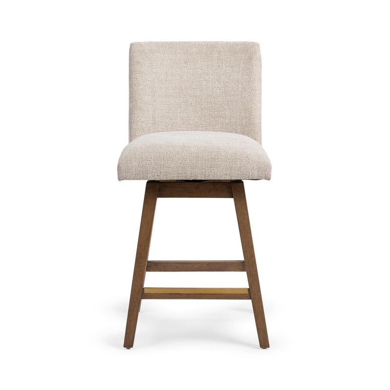 Classic Home Ava swivel counter stool in vanilla oat with a modern design and wooden legs, 24-27 inches height.