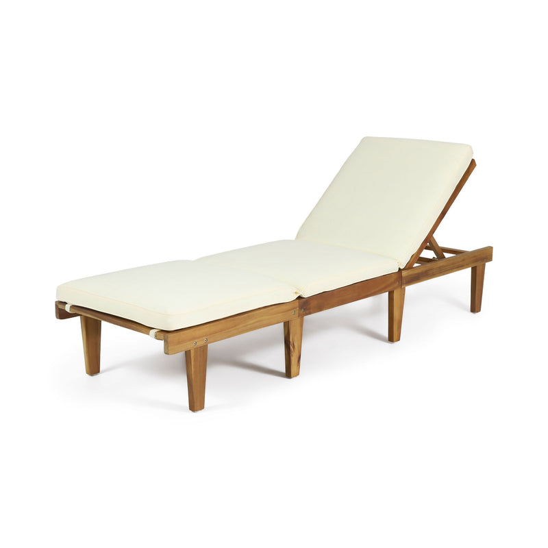 Noble House Ariana wood chaise lounge with cushioned seat and backrest, featuring a sleek, modern design and natural wood finish.