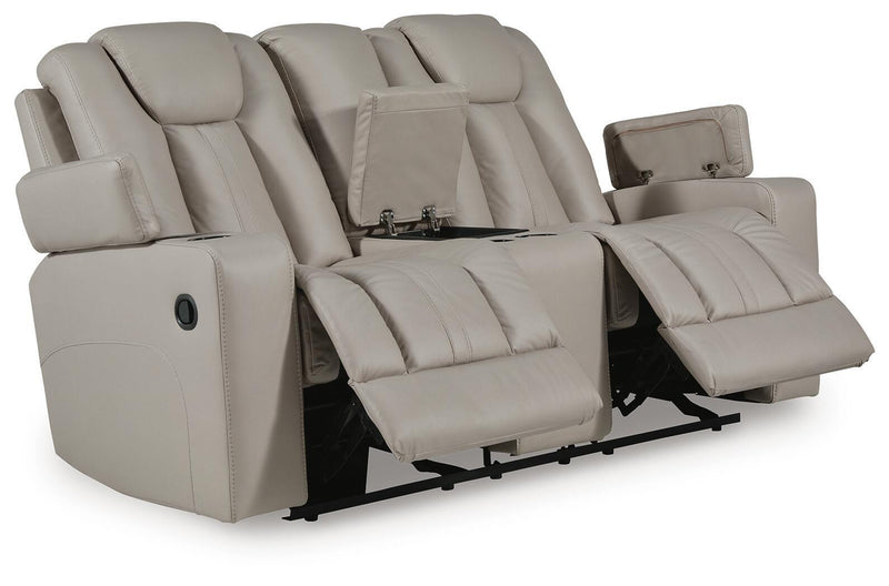 Signature Design by Ashley Elevate Edges Glide Reclining Loveseat with console in coin fabric, featuring plush cushions and built-in cup holders.