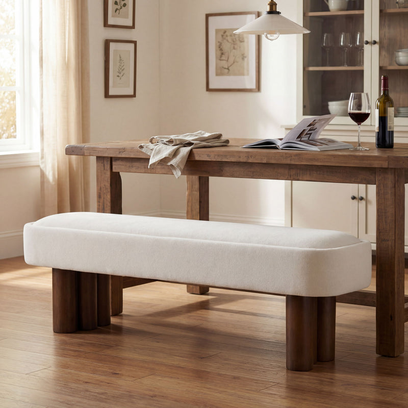 Indoor upholstered dining bench by Noble House with padded seat and wooden legs, ideal for modern dining rooms.