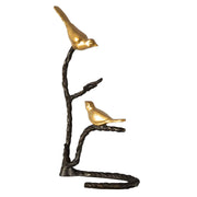Black and gold Birds On A Limb sculpture by Uttermost, detailed figurine featuring two birds perched on a branch.