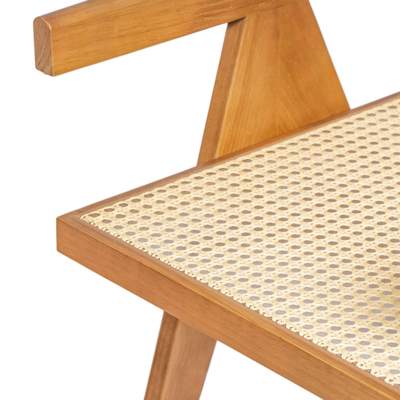 Set of two Noble House Chandigarh arm dining chairs with natural cane design and wooden frames.