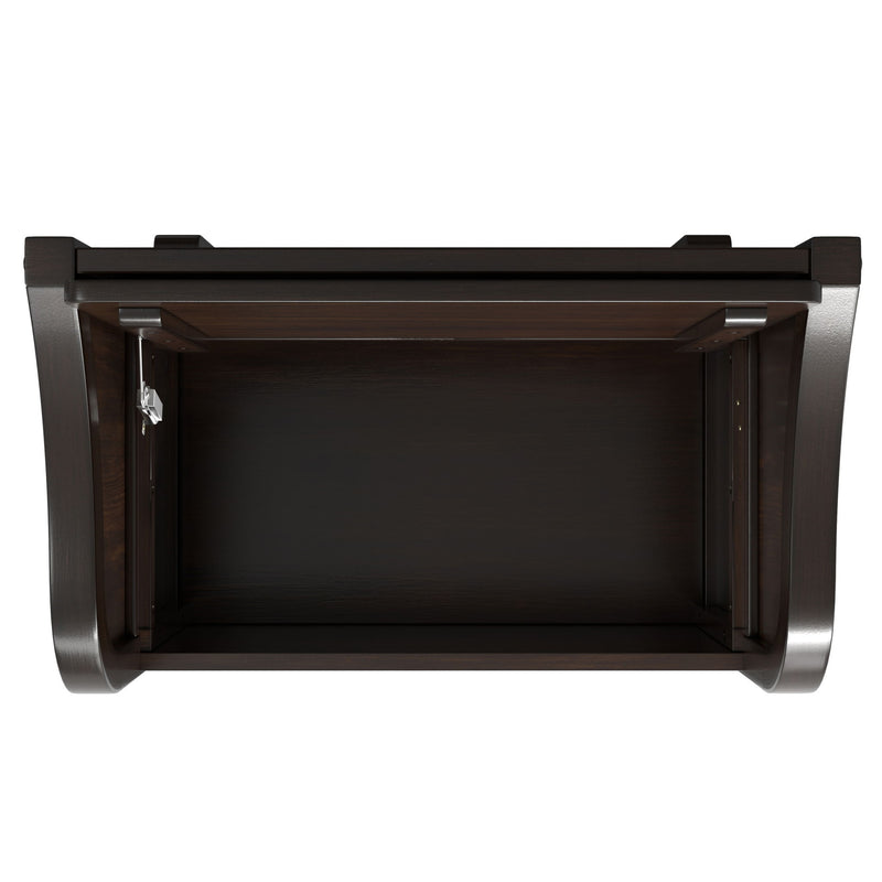 Simpli-Home Connaught storage bench with cushioned top and wooden base, ideal for entryway or living room storage.