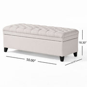 Noble House Juliana storage ottoman with beige fabric, birch wood legs, and a cushioned top for versatile living room seating.