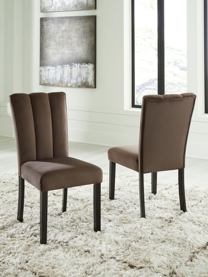 Set of two Jeshina mocha upholstered dining side chairs by Signature Design by Ashley, showcasing plush fabric and wood legs.